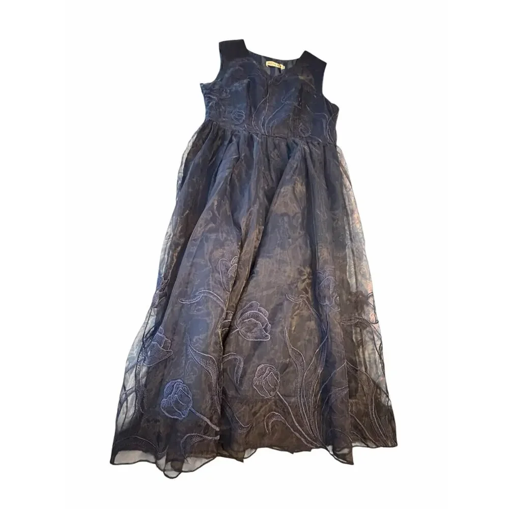 STYLEWE HZY Navy Blue Organza with Emroidered Floral Detail Dress